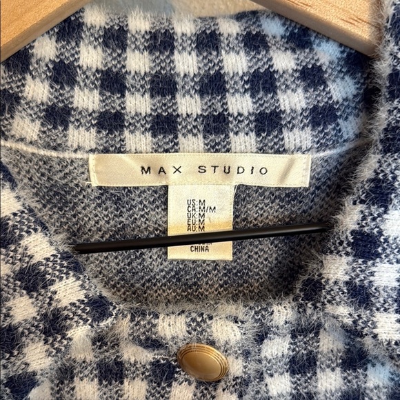 Max Studio Navy and White Checkered Fuzzy Button Up Sweater Jacket Size M Women - Picture 3 of 9